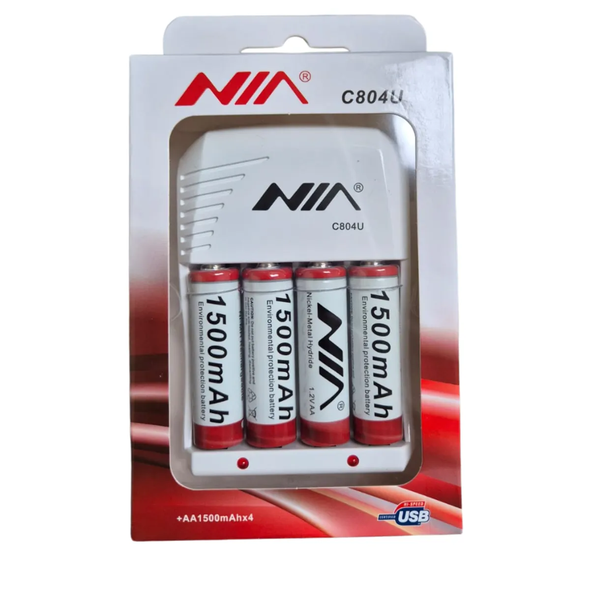 NIA - Cargador USB para Pilas AA AAA + 4 Pilas Recargables 1500mAh NIA
