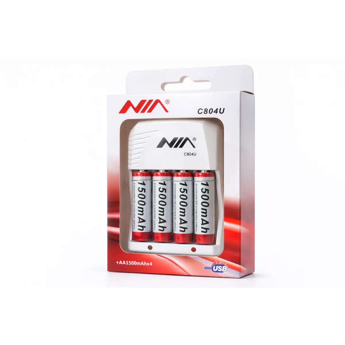 NIA - Cargador USB para Pilas AA AAA + 4 Pilas Recargables 1500mAh NIA
