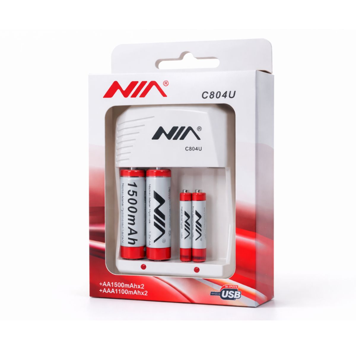 NIA - Cargador USB Mixto para Pilas AA AAA + 4 Pilas Recargables 1500mAh NIA