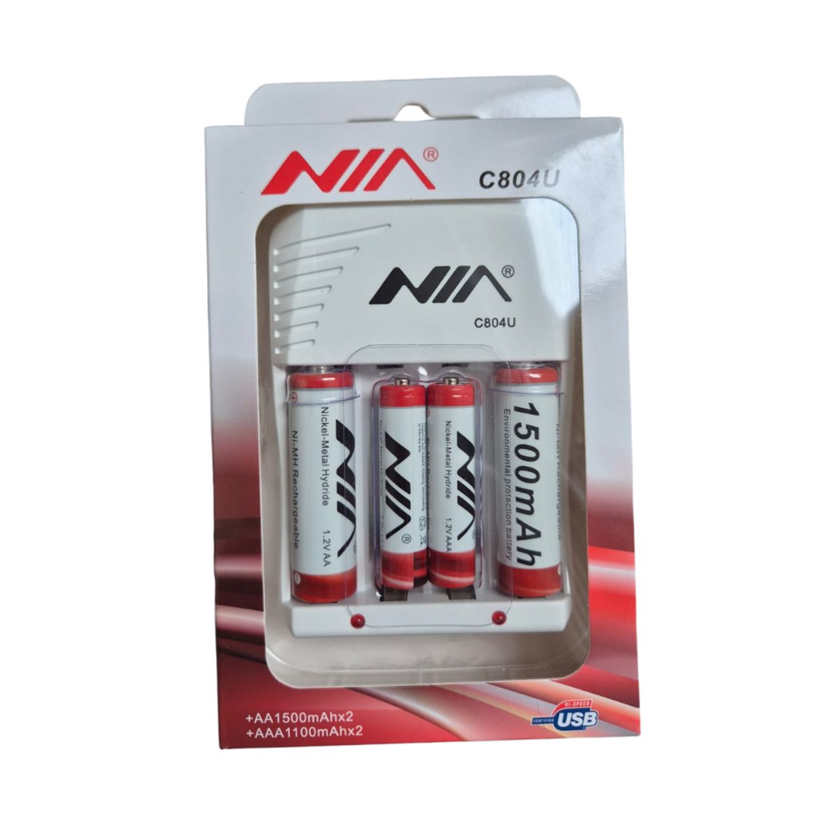 NIA - Cargador USB Mixto para Pilas AA AAA + 4 Pilas Recargables 1500mAh NIA