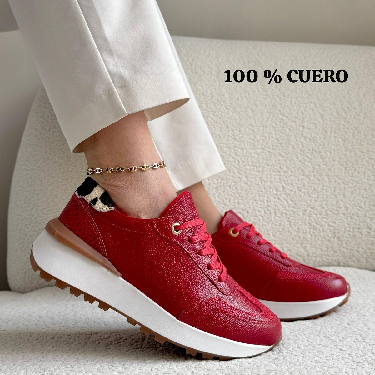 EVEGONZ - Tenis de Mujer en Cuero Rojo Tenis Rojo para Dama