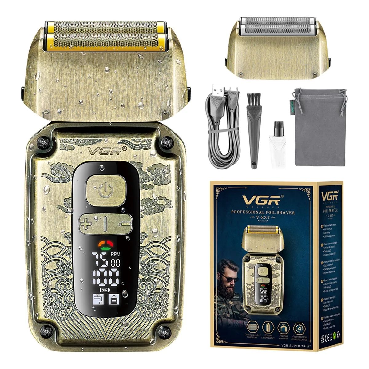 VGR - Afeitadora Eléctrica Trimmer Vgr V-337 Metal 7500 Rpm Ipx6 Color Dorado