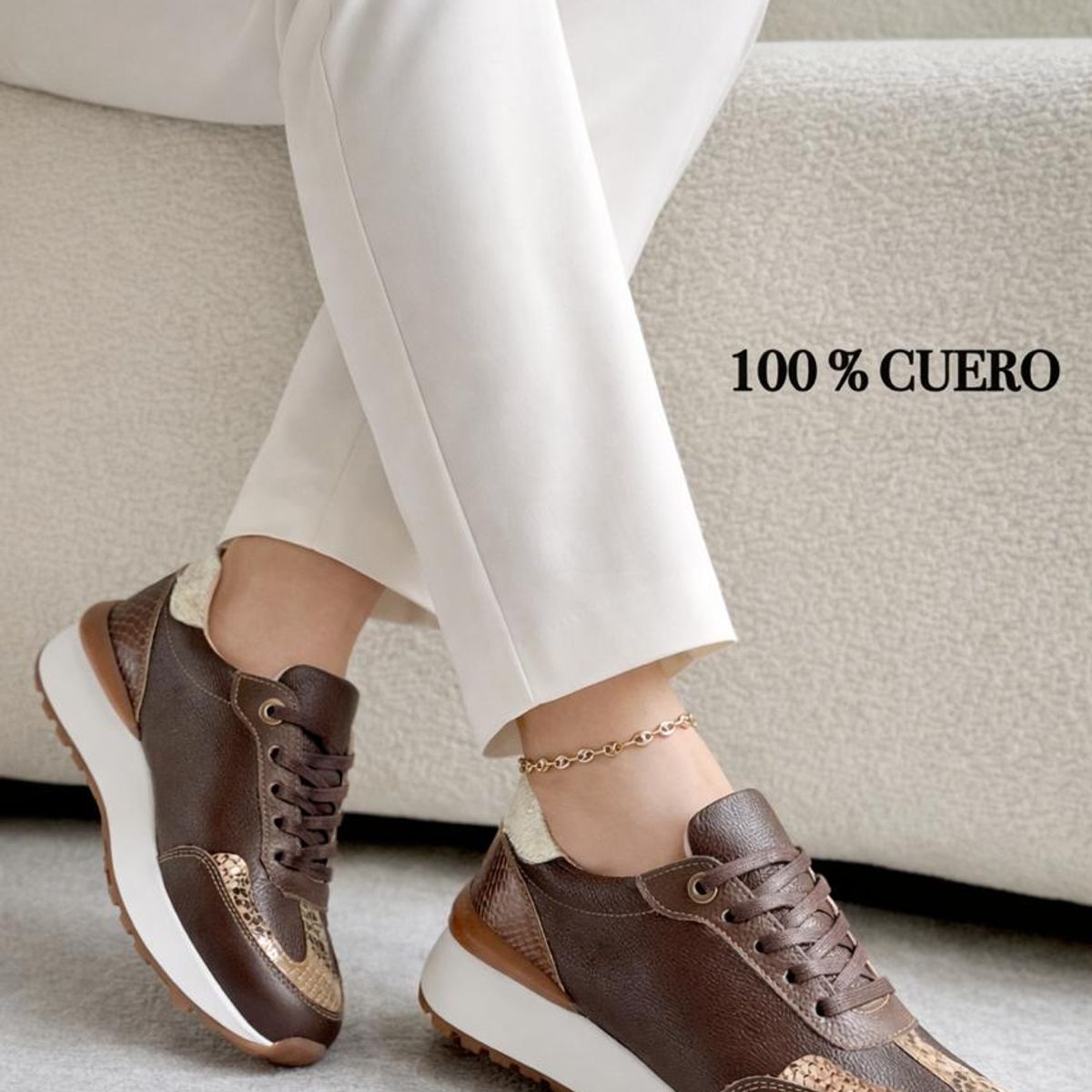 EVEGONZ - Tenis en Cuero Calzado Deportivo de Mujer Confort Marron