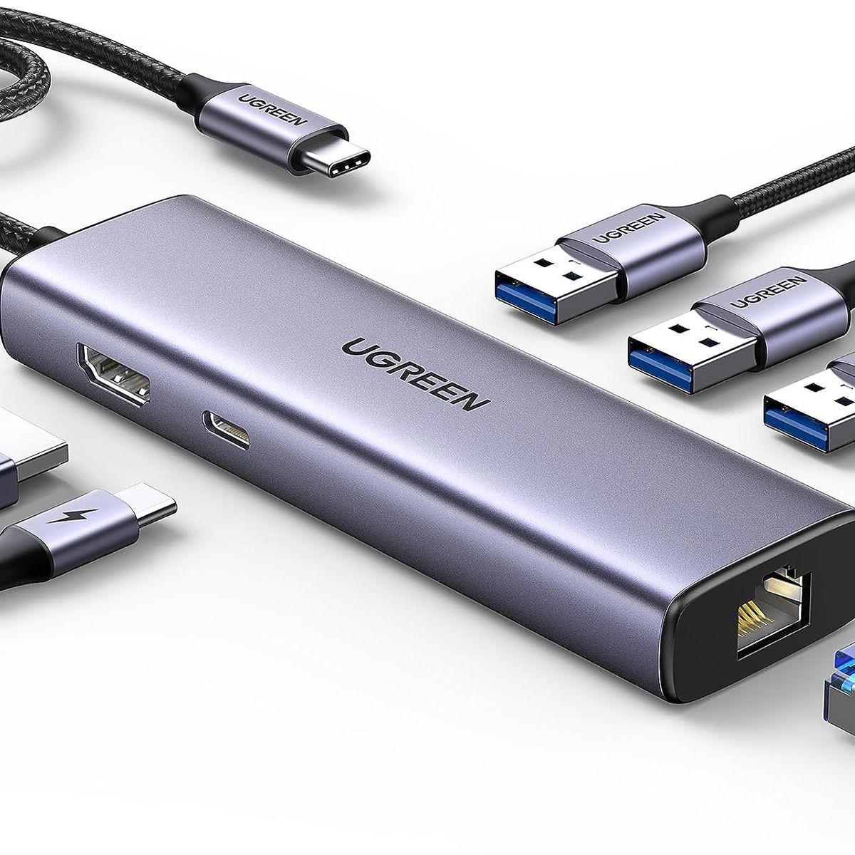 UGREEN - Adaptador USB-C 6 En 1 Multipuerto A USB 3.0 RJ45 Gigabit Ethernet HDMI 4k 30hz Carga PD de 100w