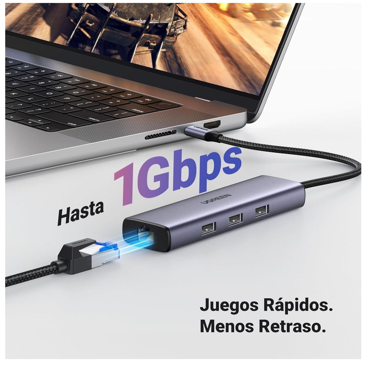 UGREEN - Adaptador USB-C 6 En 1 Multipuerto A USB 3.0 RJ45 Gigabit Ethernet HDMI 4k 30hz Carga PD de 100w