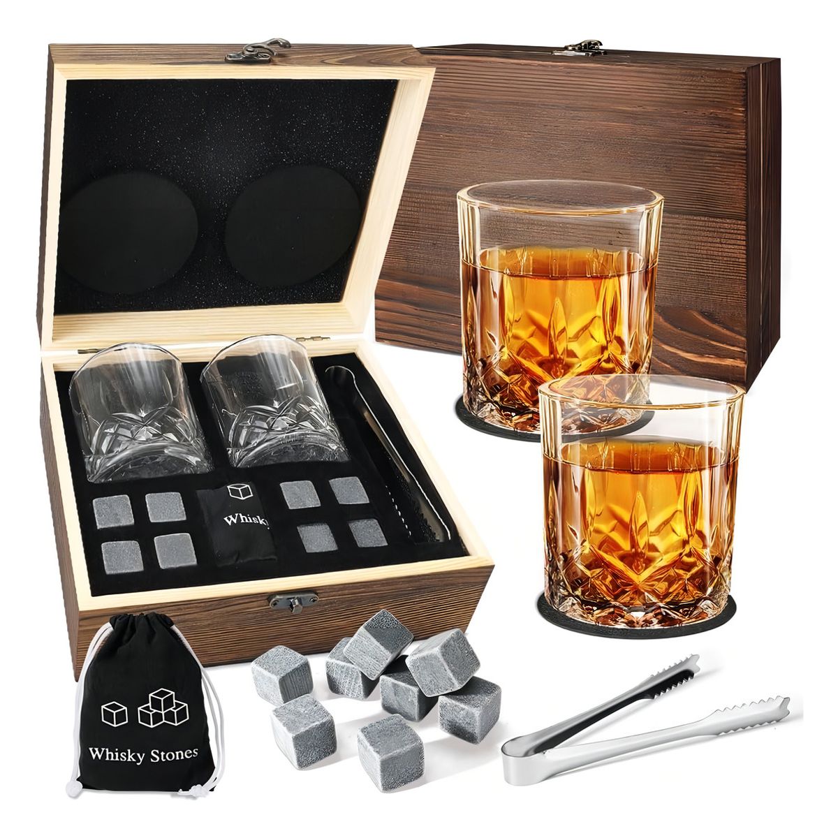 ORIGINAL HEALTH - SET DE WHISKY 15 PIEZAS REGALO PARA HOMBRES CON VASOS + PIEDRAS + ESTUCHE + PINZAS