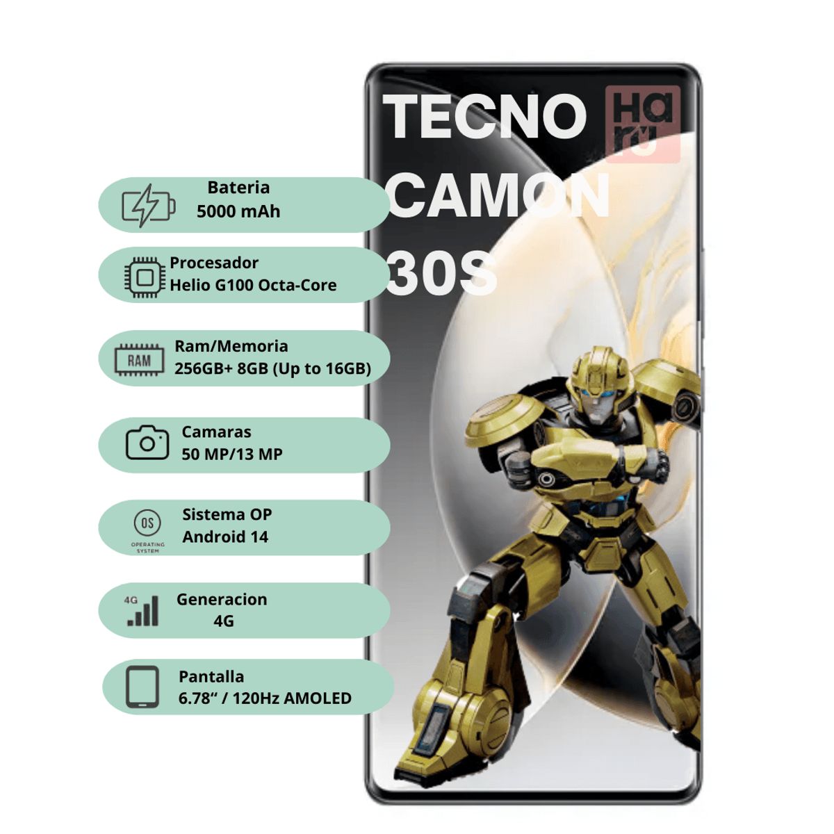 TECNO MOBILE - Celular Tecno CAMON 30S 8GB + 8GB RAM 256GB Pantalla AMOLED 678´´