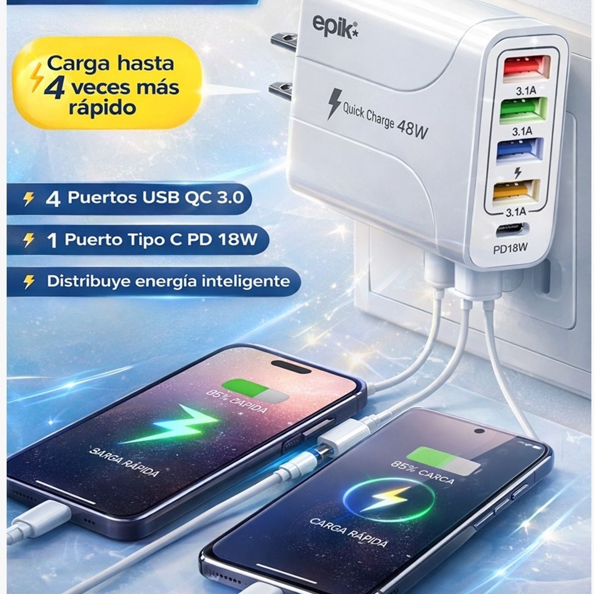 EPIK - Cargador De Pared 4 Puertos USB Con Puerto Tipo C 48 W