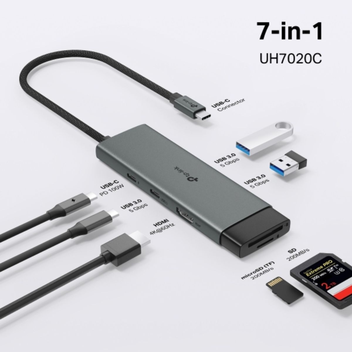 TP LINK - Hub USB-C 7 en 1, TP-Link UH7020C con Puerto HDMI, SD, Micro SD, USB-A, USB-C y Carga Rápida