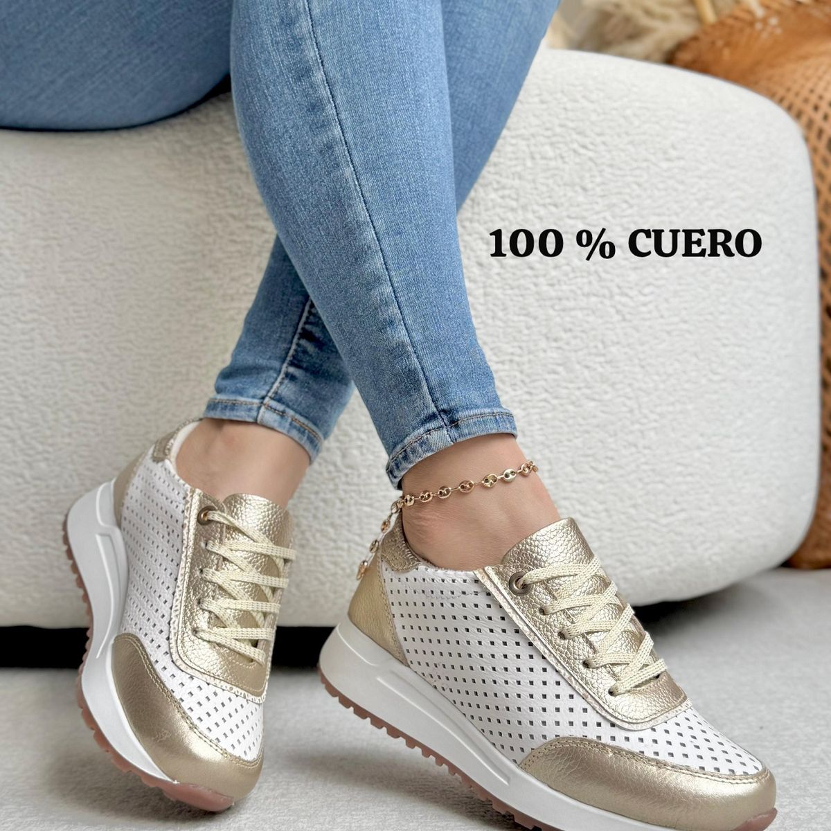 EVEGONZ - Zapatos Blancos en Cuero Calzado de Mujer Comodos Tenis de Cordones