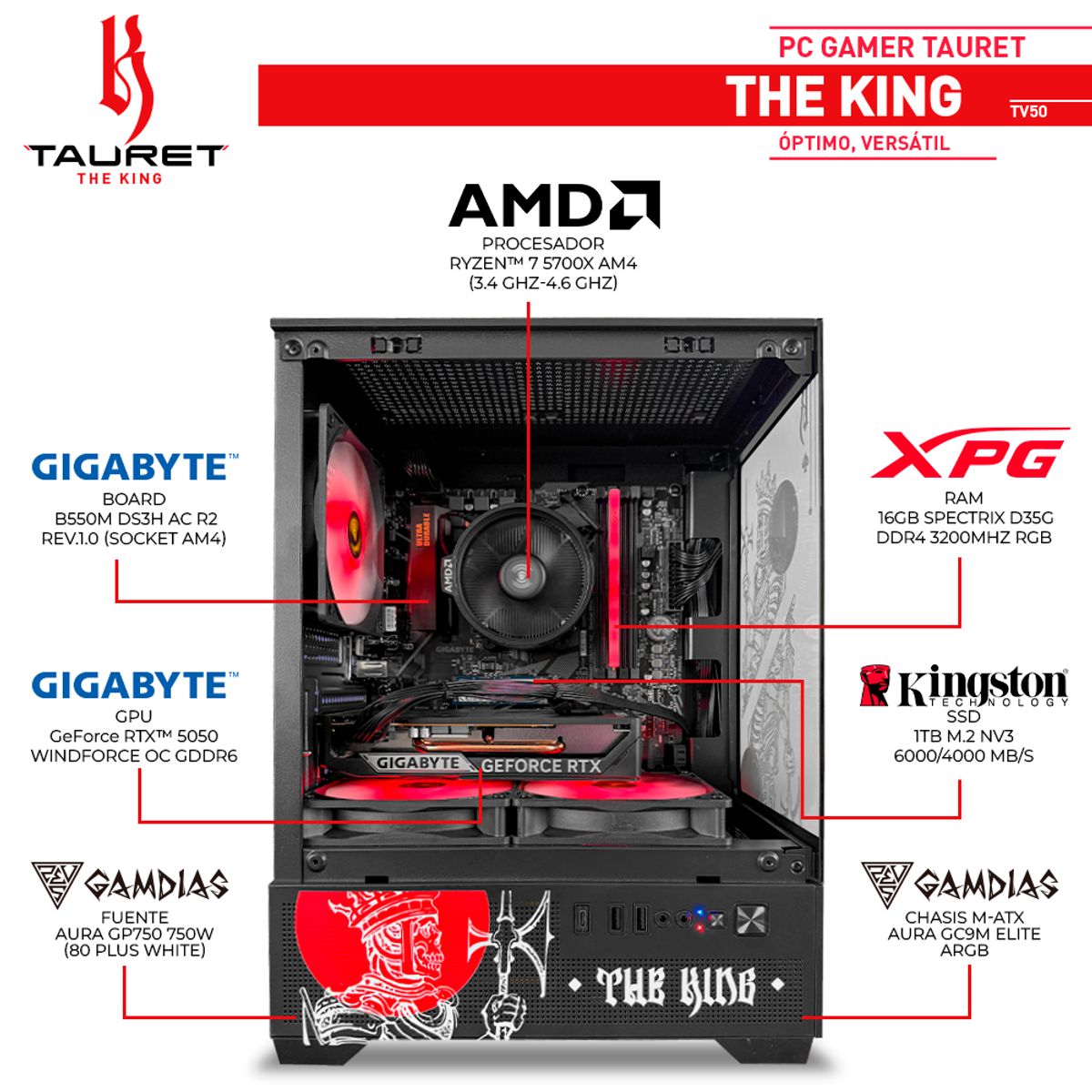 AMD - PC Gamer Tauret The King AMD Ryzen 7 5700X GeForce RTX 5050 8GB RAM 16GB M.2 1TB