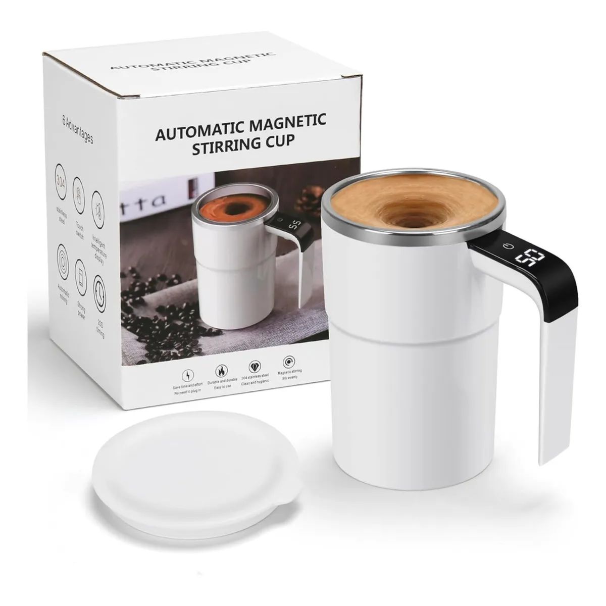 AMERICAN GENERICS - Vaso Batidor Mezclador Eléctrico Automático Magnético de Acero Inoxidable 380 ml BLANCO