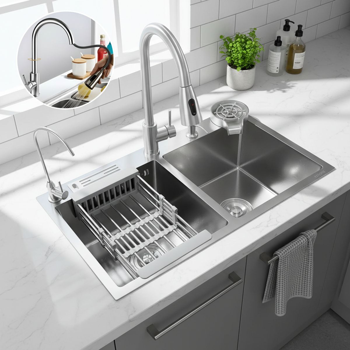 PAMO - Set Lavaplatos Doble Lujo En Acero Inoxidable 304 - 75x45 Cm