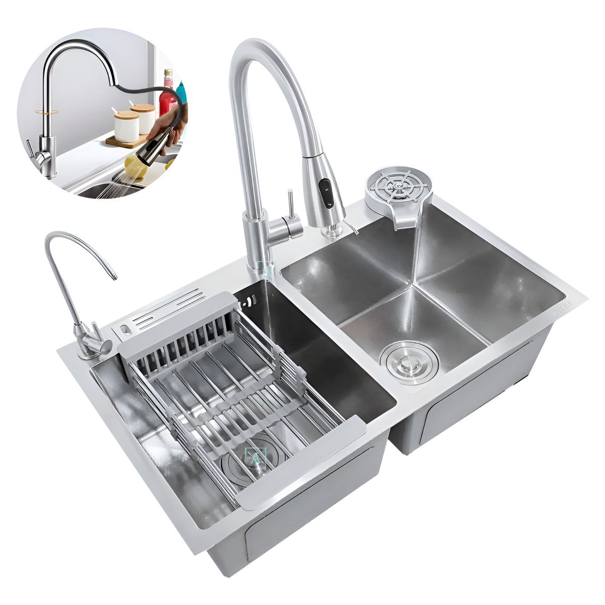 PAMO - Set Lavaplatos Doble Lujo En Acero Inoxidable 304 - 75x45 Cm