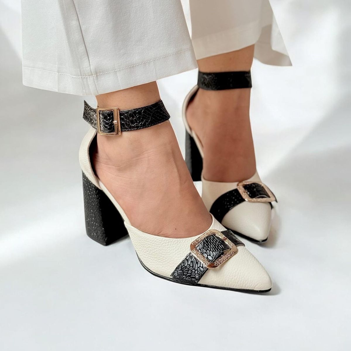 EVEGONZ - Sandalias de Tacon Medio Blanco Negro Zapatillas Mujer