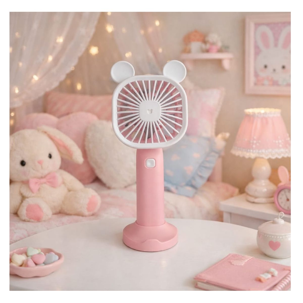 GENERICO - Mini Ventilador Recargable Portátil 3 Velocidades con Base y Cable USB Rosado