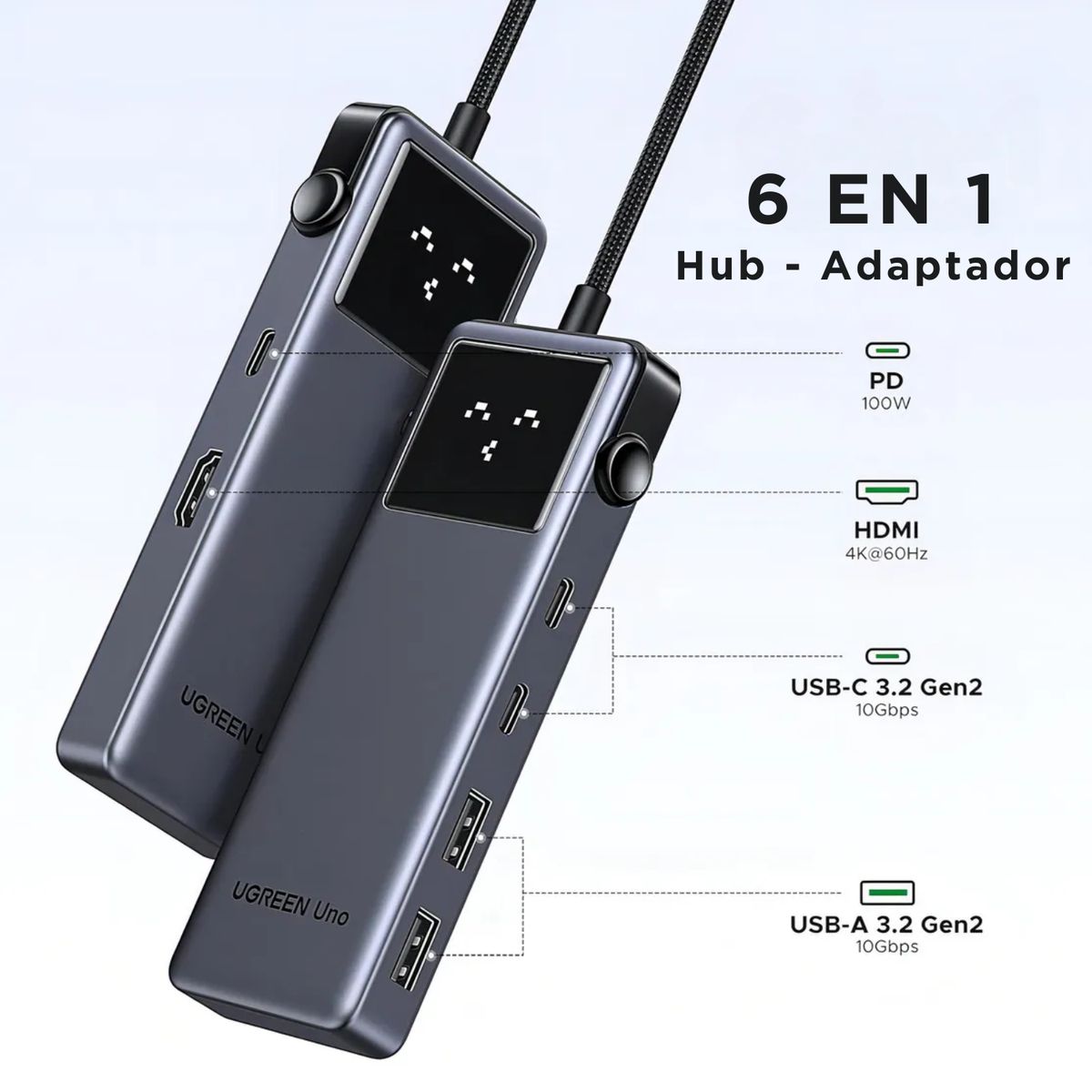 UGREEN - Hub Adaptador Multipuerto UGREEN UNO 6 en 1  HDMI 4K/100W – Laptop y MacBook USB-C