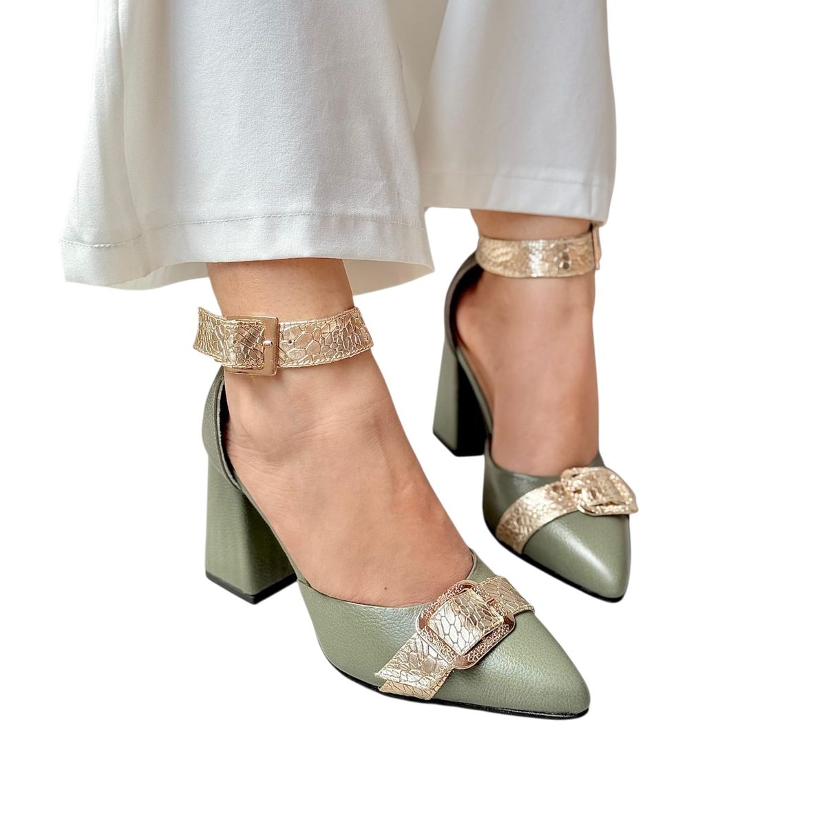 EVEGONZ - Sandalias De Tacon 7 1/2 Zapatillas de Mujer en Cuero Verde