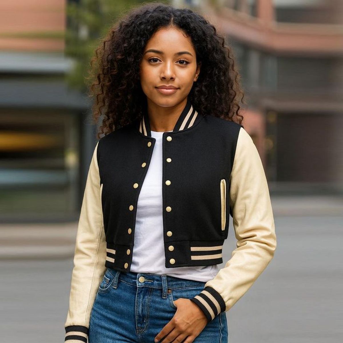 URBAN PLUS - chaqueta mujer beisbolera negra corta con cuero sintetico