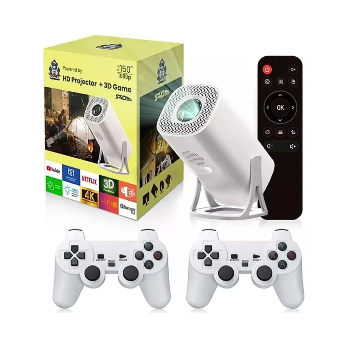 GENERICO - Proyector Portátil S40 Android TV 11 Full HD 4K Juegos Retro con 2 Controles