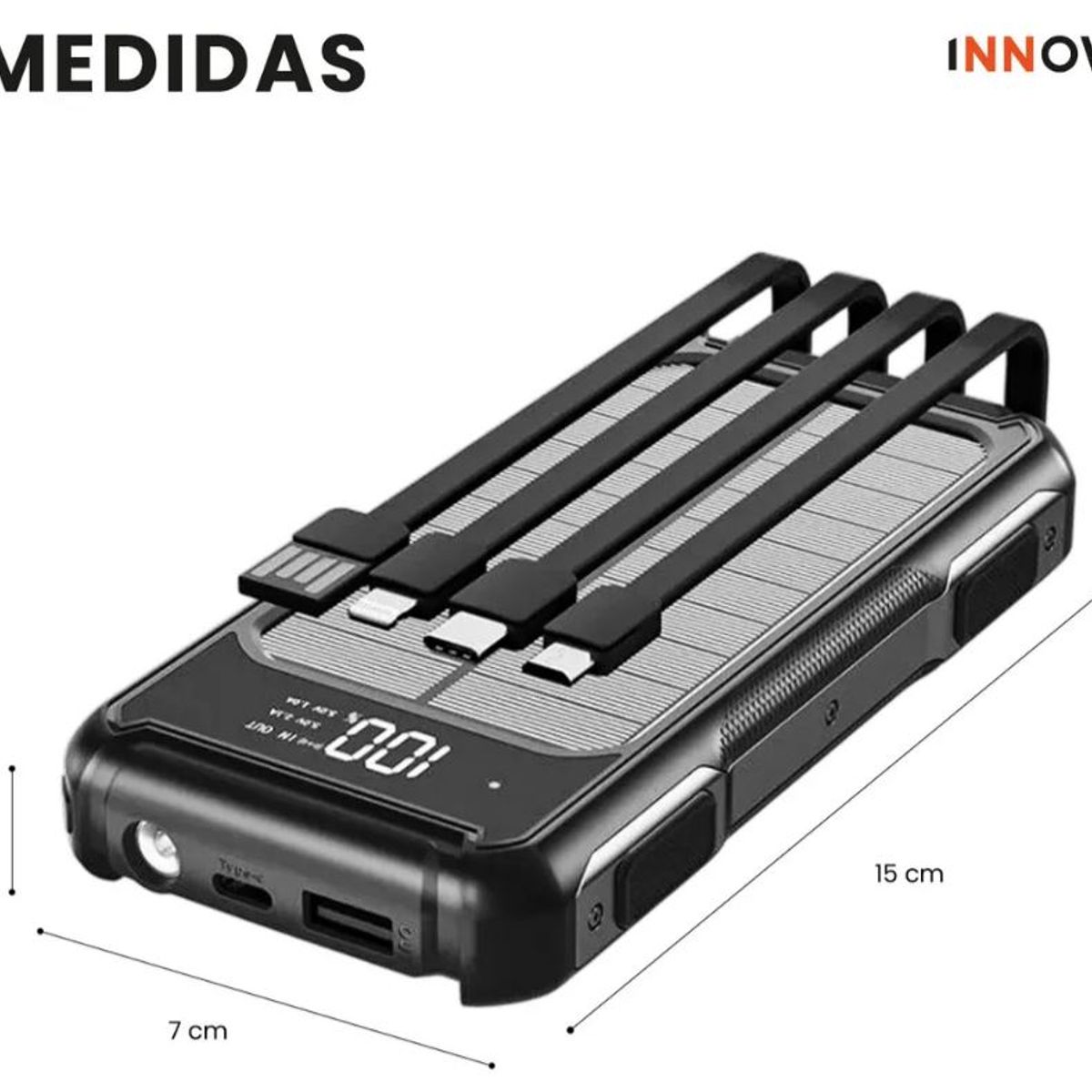 INNOVA - Power Bank Solar 25.000mah Todo Terreno Cargador Portátil 4 Cables Integrados