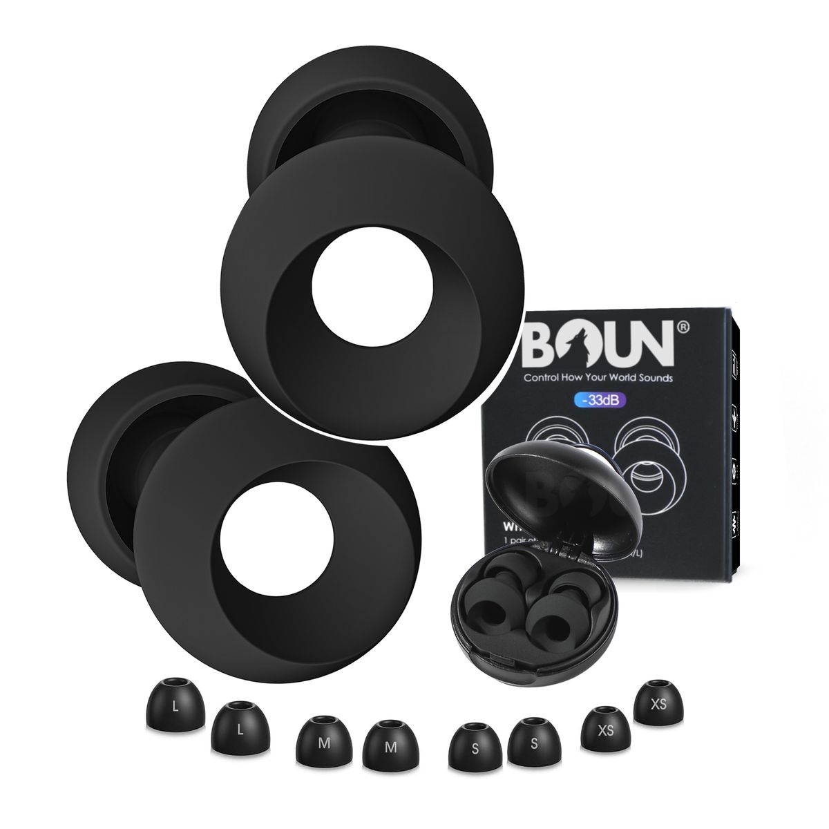 BOUN - Tapa Oidos Dormir Tapones Auditivos Antiruido 23dB Tallas Viajes Musicos Negro