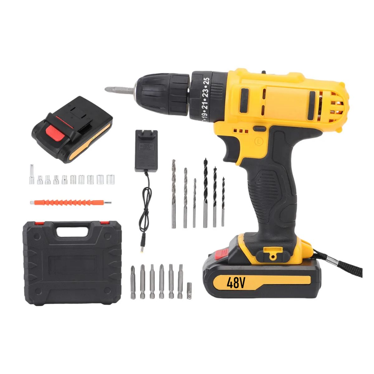 GENERICO - Taladro Percutor Inalámbrico 48v Con 2 Baterías Y Maletín Amarillo 48v