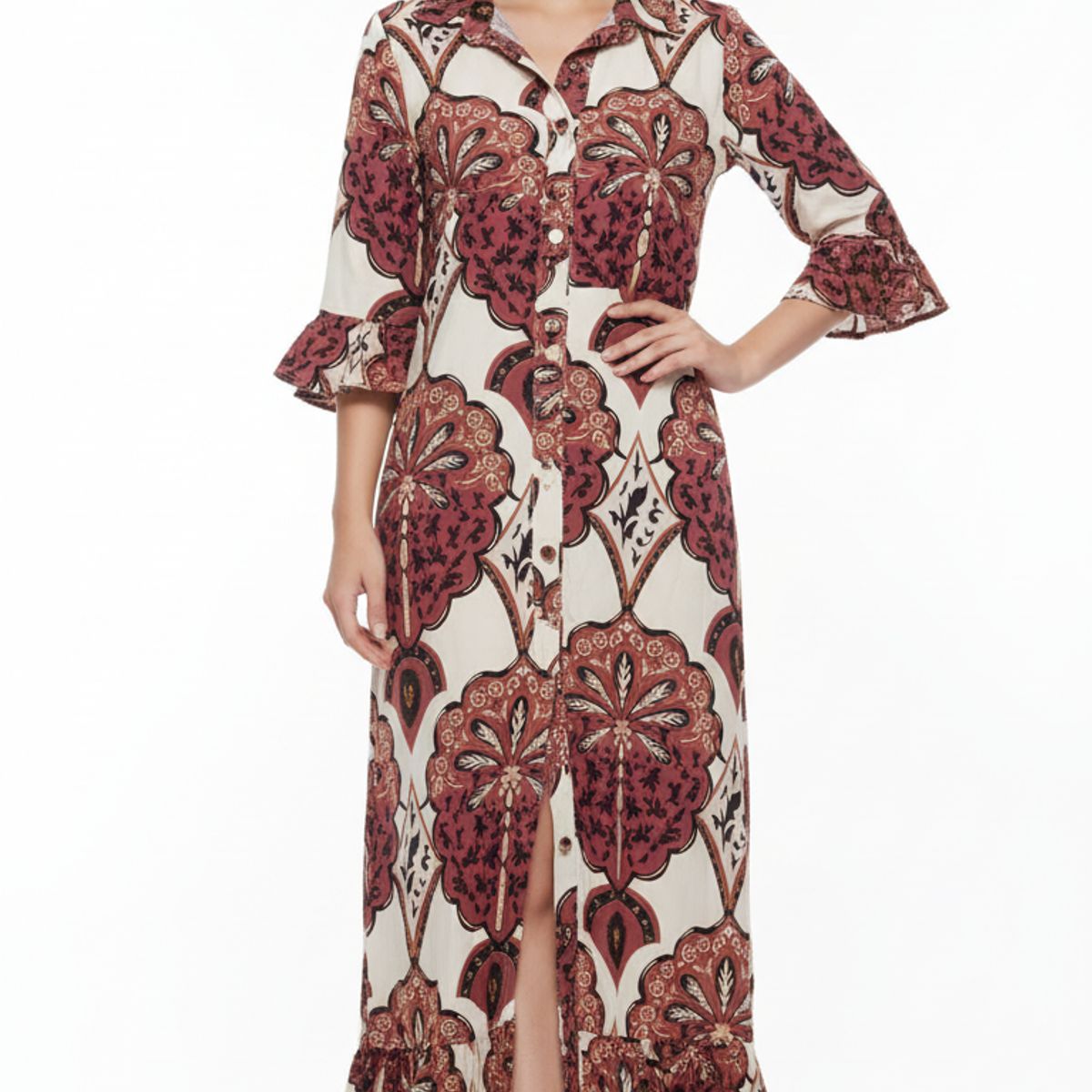 BOCARED - COSTEÑA VESTIDO PARA DAMA EN COLOR VINOTINTO ESTAMPADO