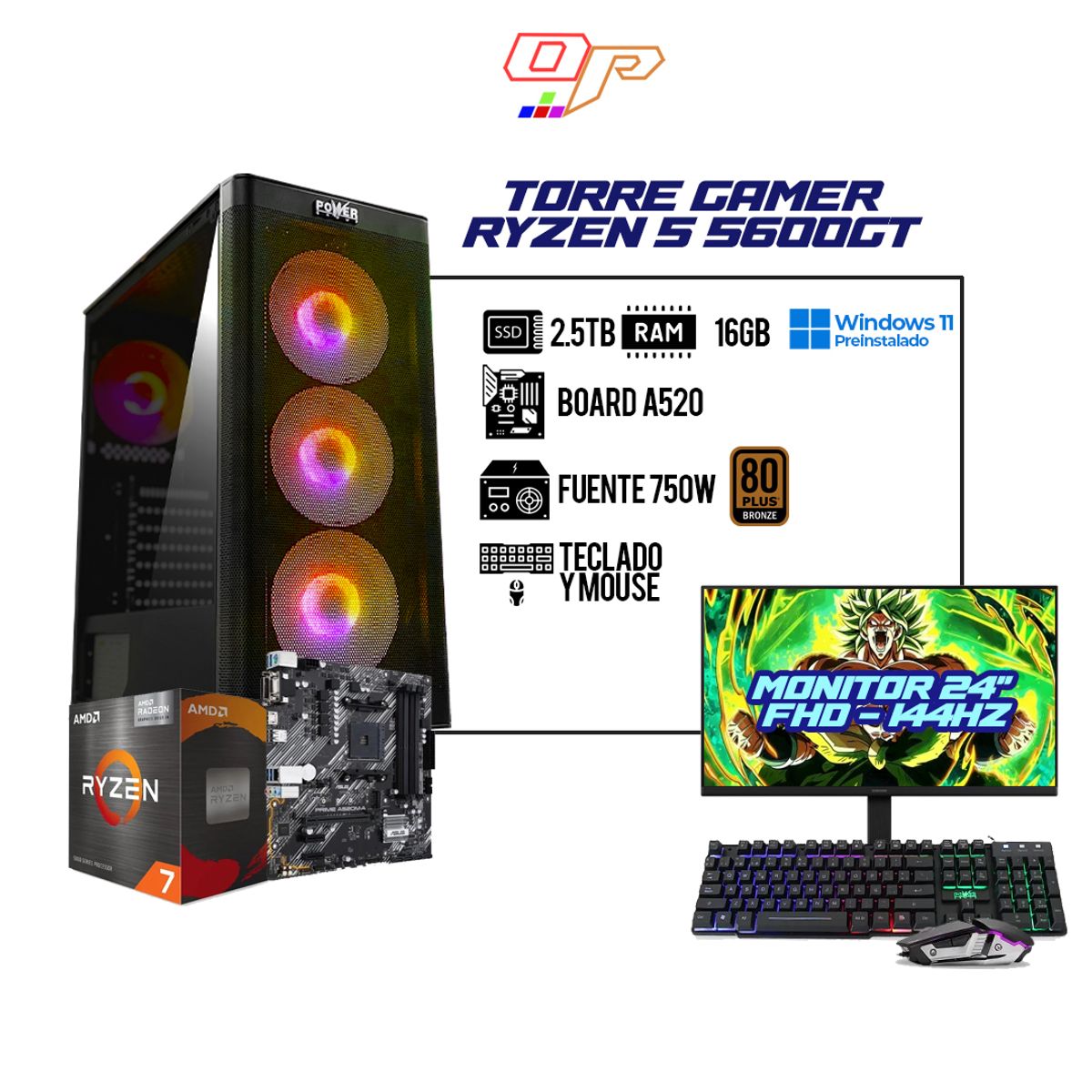 AMD - COMPUTADOR GAMER AMD RYZEN 5 5600G A520 / 16GB DDR4 / 2.5TB / MONITOR 24" 144HZ /TECLADO Y MOUSE