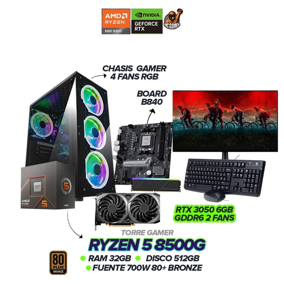 AMD - PC GAMER RYZEN 5 8500G / RTX 3050 6GB / RAM 32GB / SSD 512GB / BOARD B840 / 700W / MONITOR 22" FHD