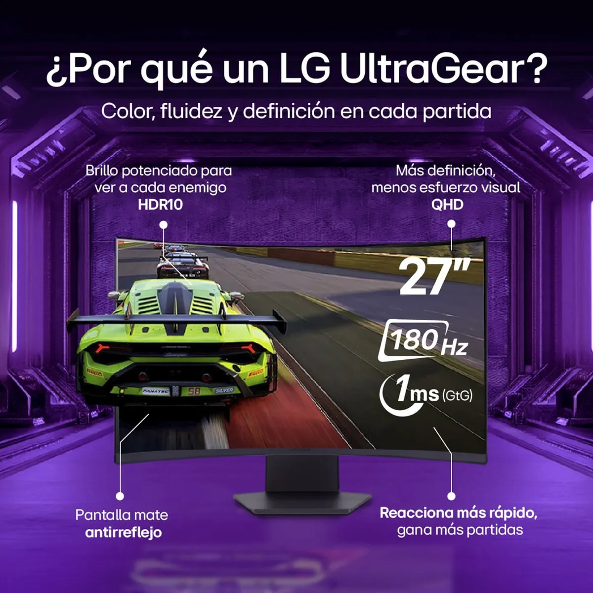 LG - Monitor Gamer LG UltraGear 27 QHD 180Hz Curvo 1000R 1ms + 1 MES Directv GO