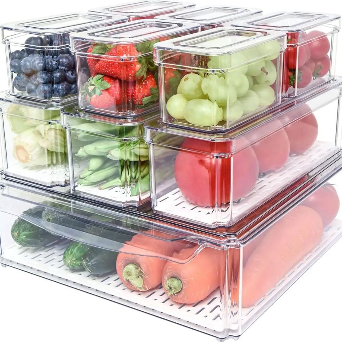 GENERICO - Set de 10 Organizadores para Nevera Y Cocina Transparentes Apilables con Tapa. Largo 25 Ancho 8 Alto
