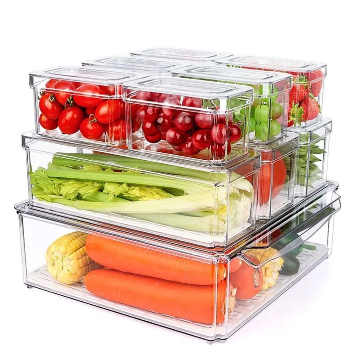 GENERICO - Set de 10 Organizadores para Nevera Y Cocina Transparentes Apilables con Tapa. Largo 25 Ancho 8 Alto