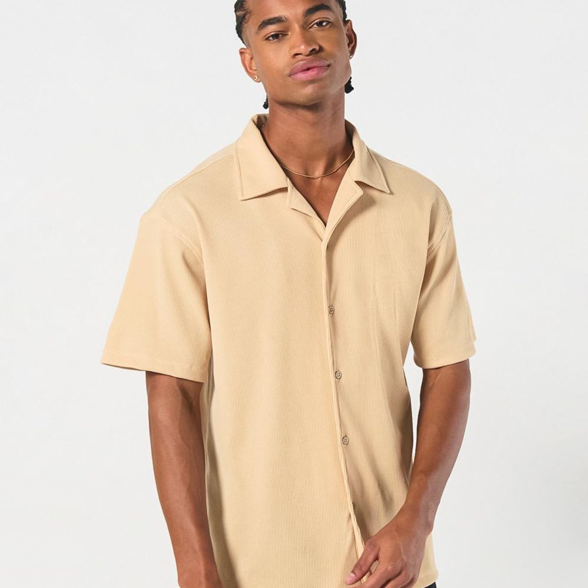 KOAJ - KOAJ Camisa kaki clara tejida con texturas y manga corta Hombre