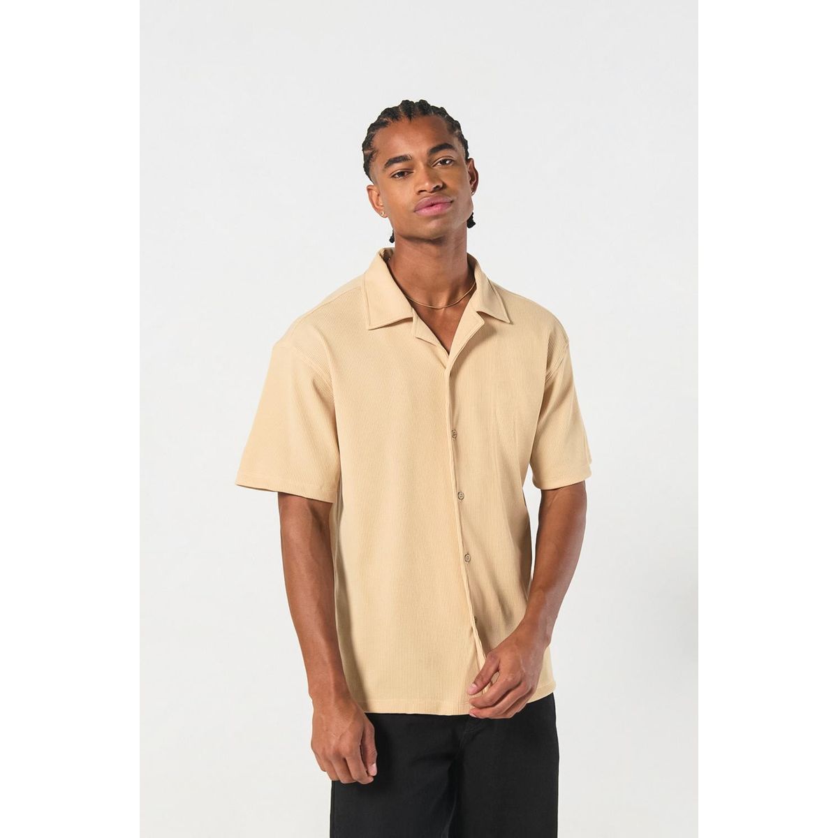 KOAJ - KOAJ Camisa kaki clara tejida con texturas y manga corta Hombre