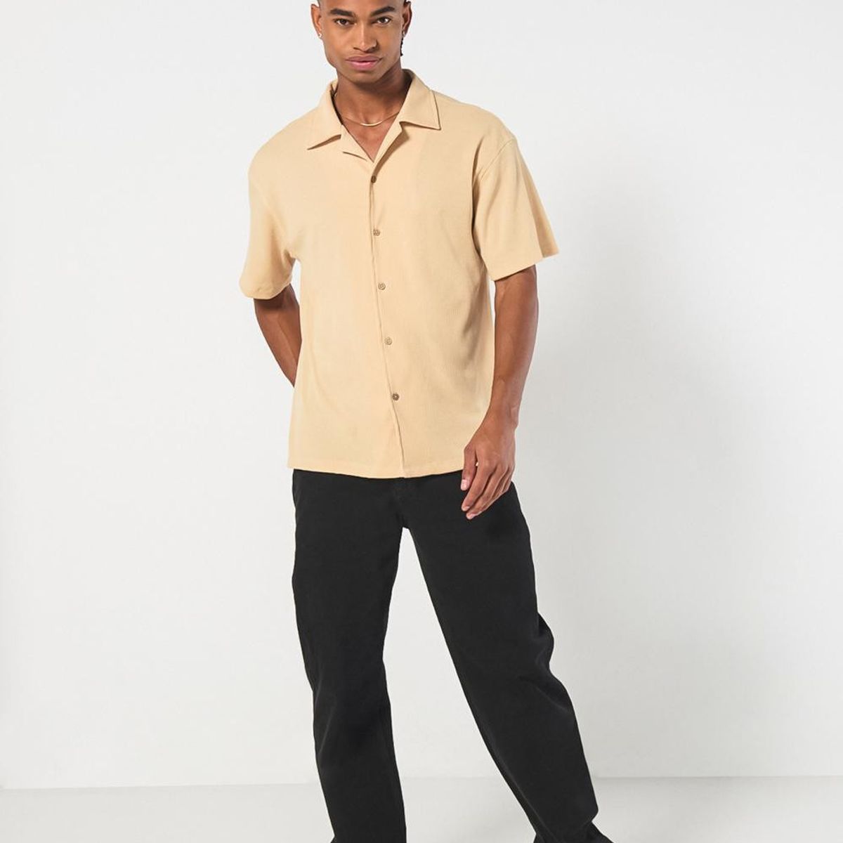 KOAJ - KOAJ Camisa kaki clara tejida con texturas y manga corta Hombre