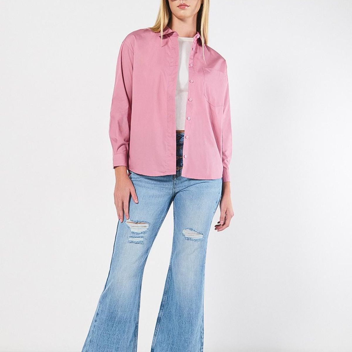 KOAJ - KOAJ Blusa oversize unicolor con manga larga y bolsillo Mujer