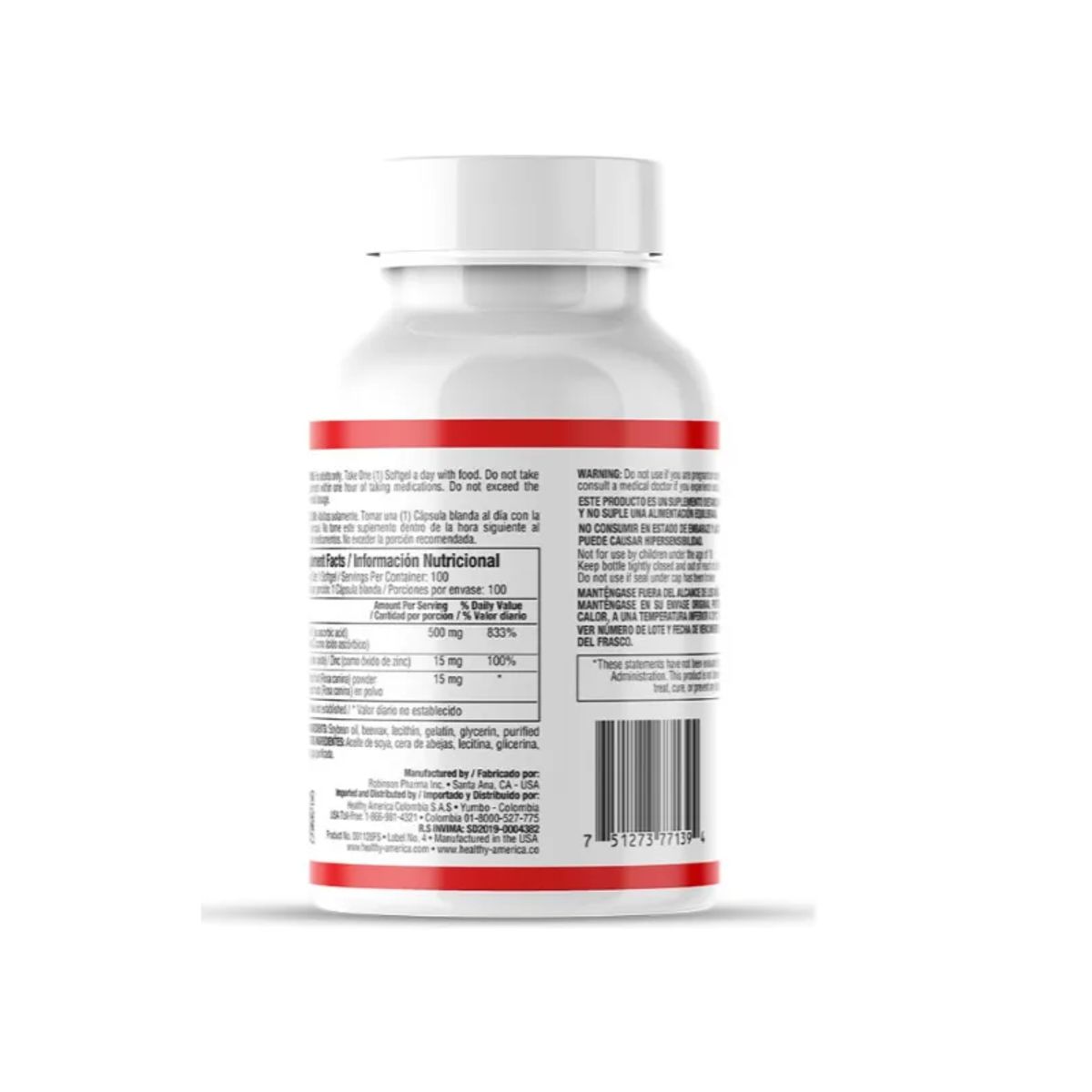 HEALTHY AMERICA - VITAMINA C 500 MG + WITH ROSE + ZINC X 100 SOFTGELS/ H.M.