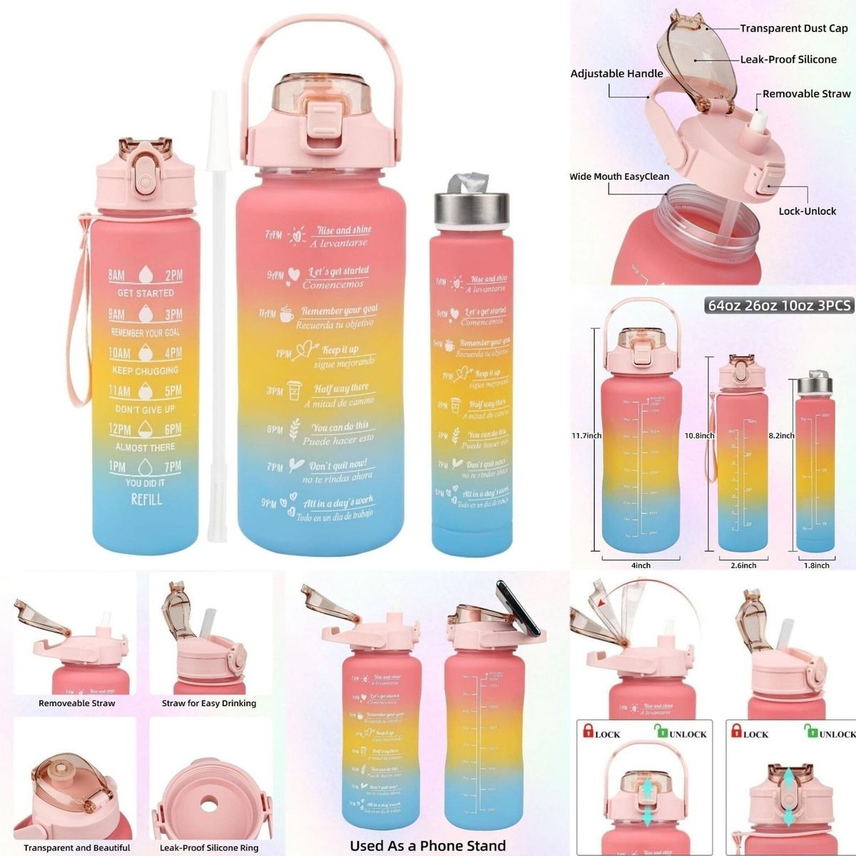 GENERICO - Termo Motivacional Con Pitillo Set x3 Unidades Capacidades: 2 Litros, 780Ml y 280Ml - Color Rosado