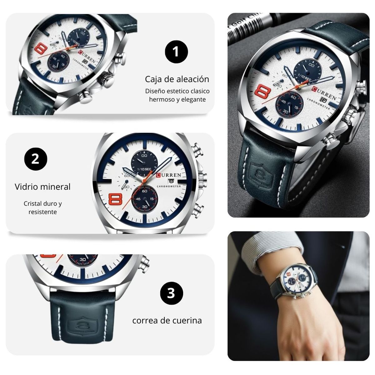 CURREN - Reloj Curren 8324 Negro-Plateado blanco Diseño Elegante