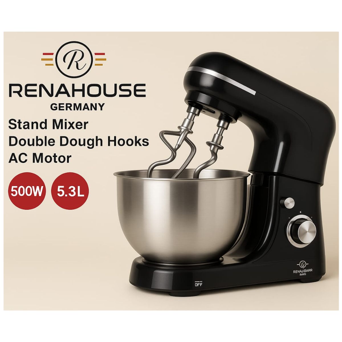 RENAHOUSE - Batidora Amasadora 5.3L Doble Gancho 6 Velocidades 500w