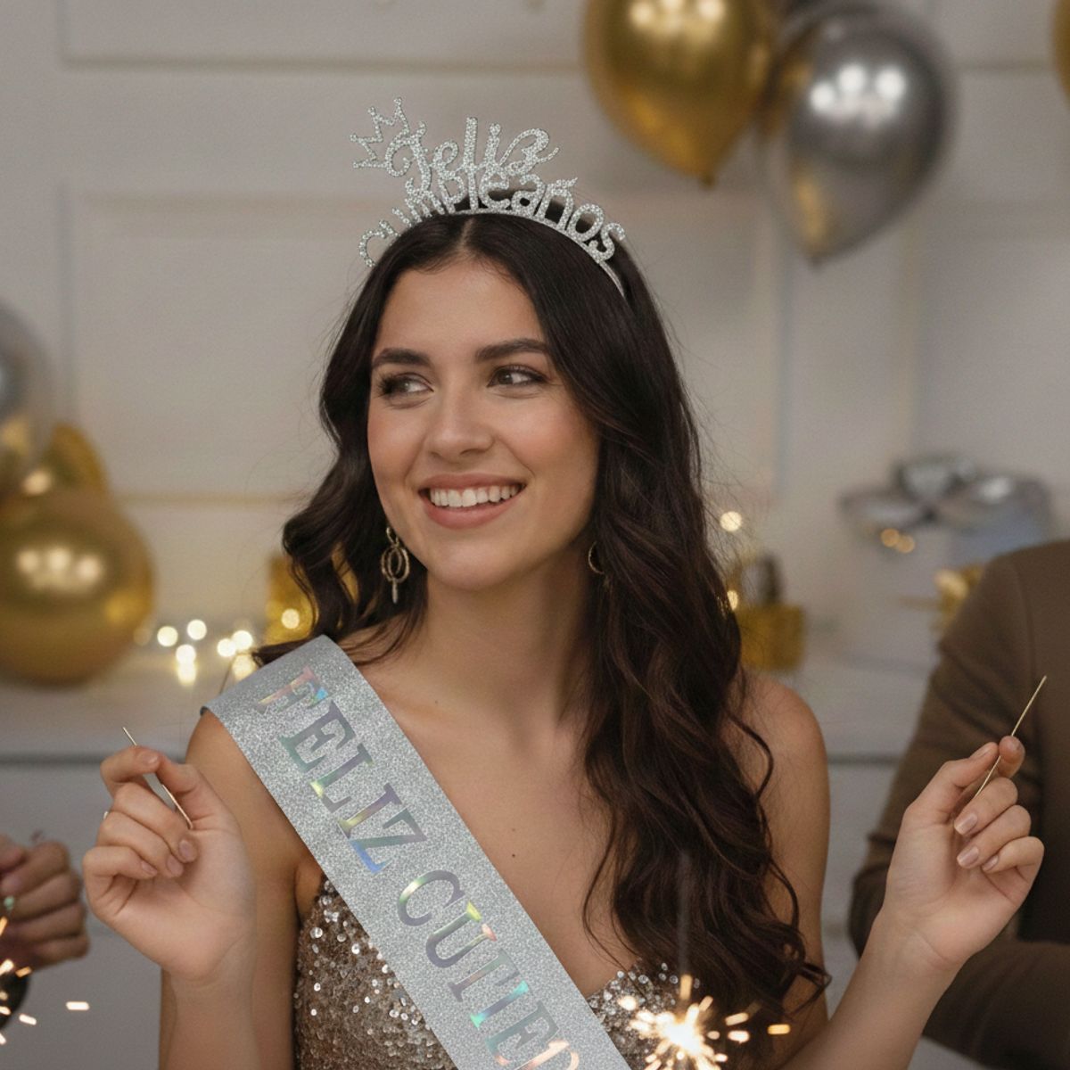 INFANTILES CAJUROMIX - Banda Y Diadema Feliz Cumpleaños Mujer Celebración Fiestas Plateado