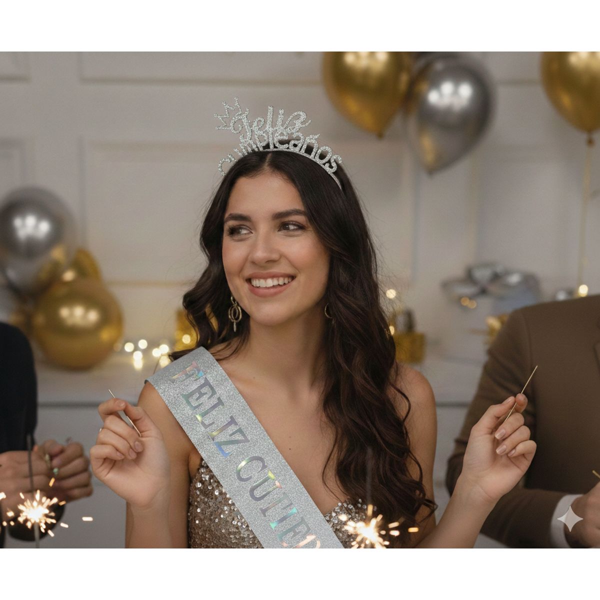 INFANTILES CAJUROMIX - Banda Y Diadema Feliz Cumpleaños Mujer Celebración Fiestas Plateado