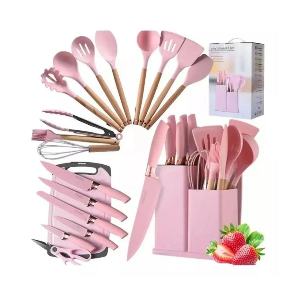 GENERICO - Juego de Utensilios Cocina Silicona Madera 17 Piezas con Soporte