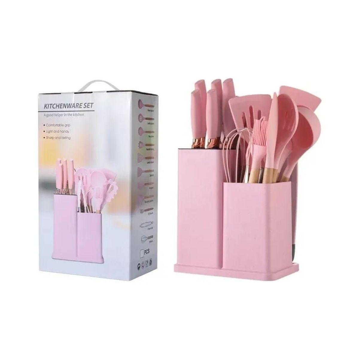 GENERICO - Juego de Utensilios Cocina Silicona Madera 17 Piezas con Soporte