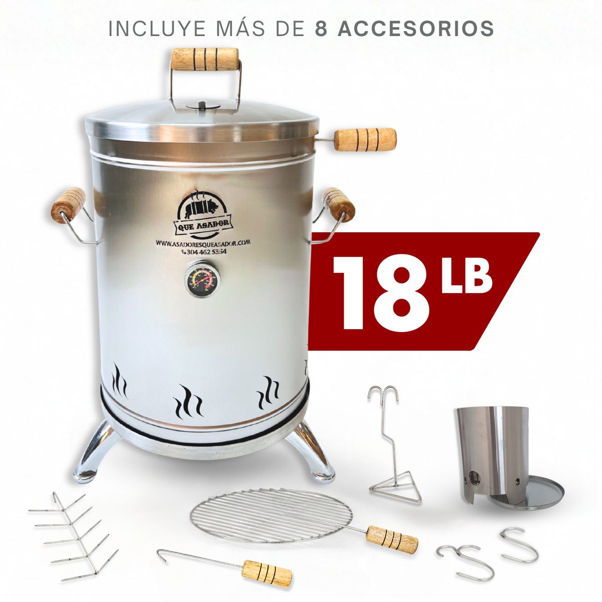 QUE ASADOR - Asador de Barril Ahumador Pequeño 18LB Acero Inoxidable