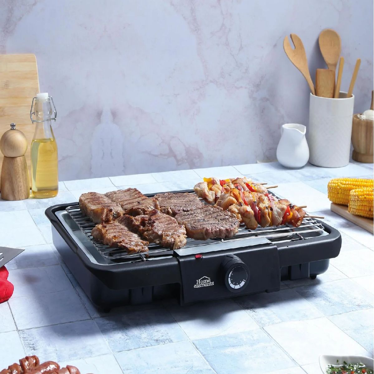 HOME ELEMENTS - Asador Electrico Grill BBQ 5 Niveles De Temperatura 1400 W Negro 110v