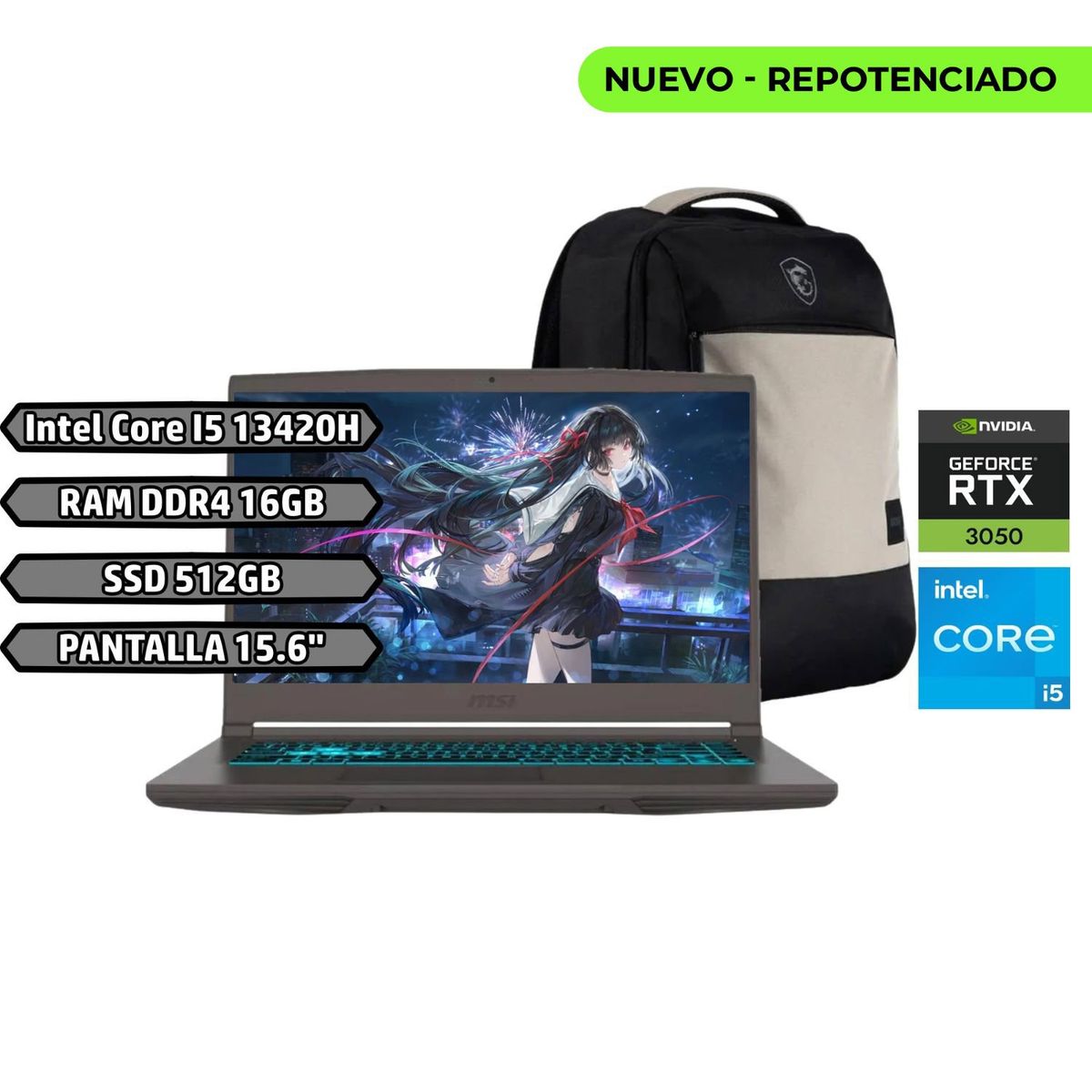 MSI - Portátil MSI Thin 15 Intel Core i5-13420H 16GB 512GB SSD RTX 3050 4GB 15 FHD 144Hz + Morral MSI