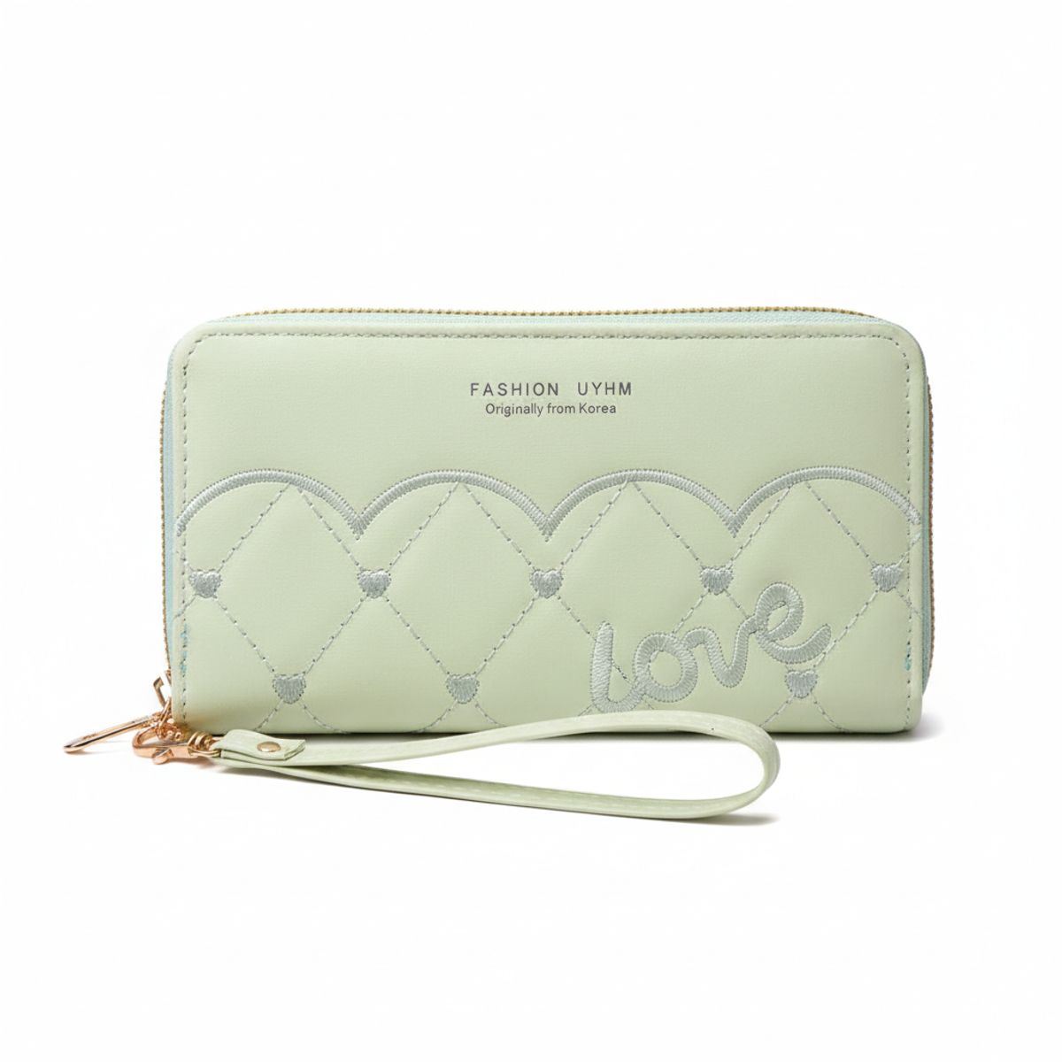 GENERICO - Billetera Larga Verde Menta Doble Cierre Love Bordada Para Mujer En Cuero Sintetico De Calidad