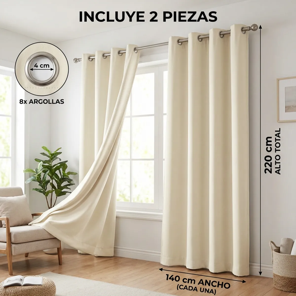 HOMMI - Cortina Blackout 100% Antiluz 2 Paños 280x220 cm Textura Lino Beige